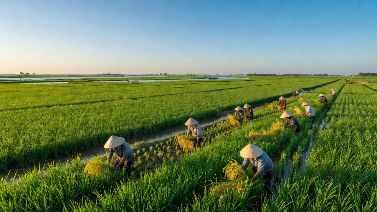 Cảnh đồng quê huyện Mộc Hóa, Long An với ruộng lúa xanh tươi và bầu trời trong xanh.