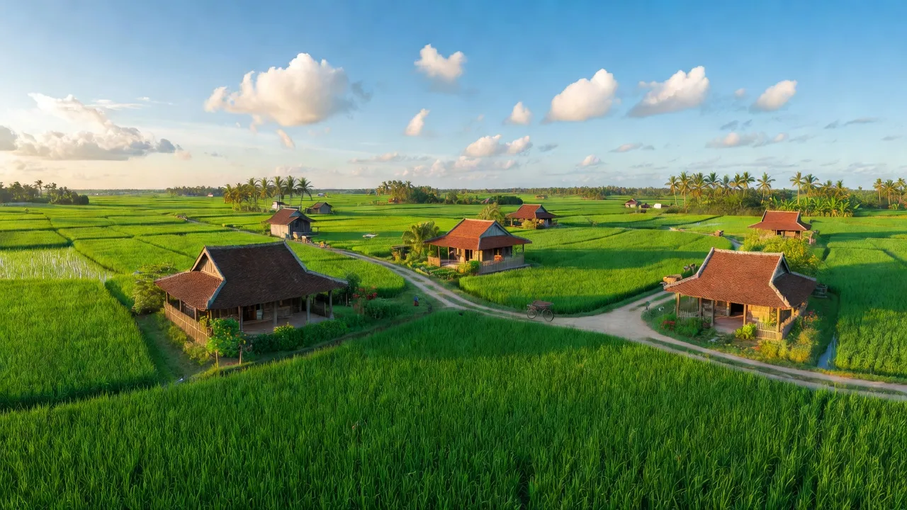 Khung cảnh huyện Mộc Hóa, Long An với ruộng lúa xanh tươi, nhà truyền thống và bầu trời trong xanh.