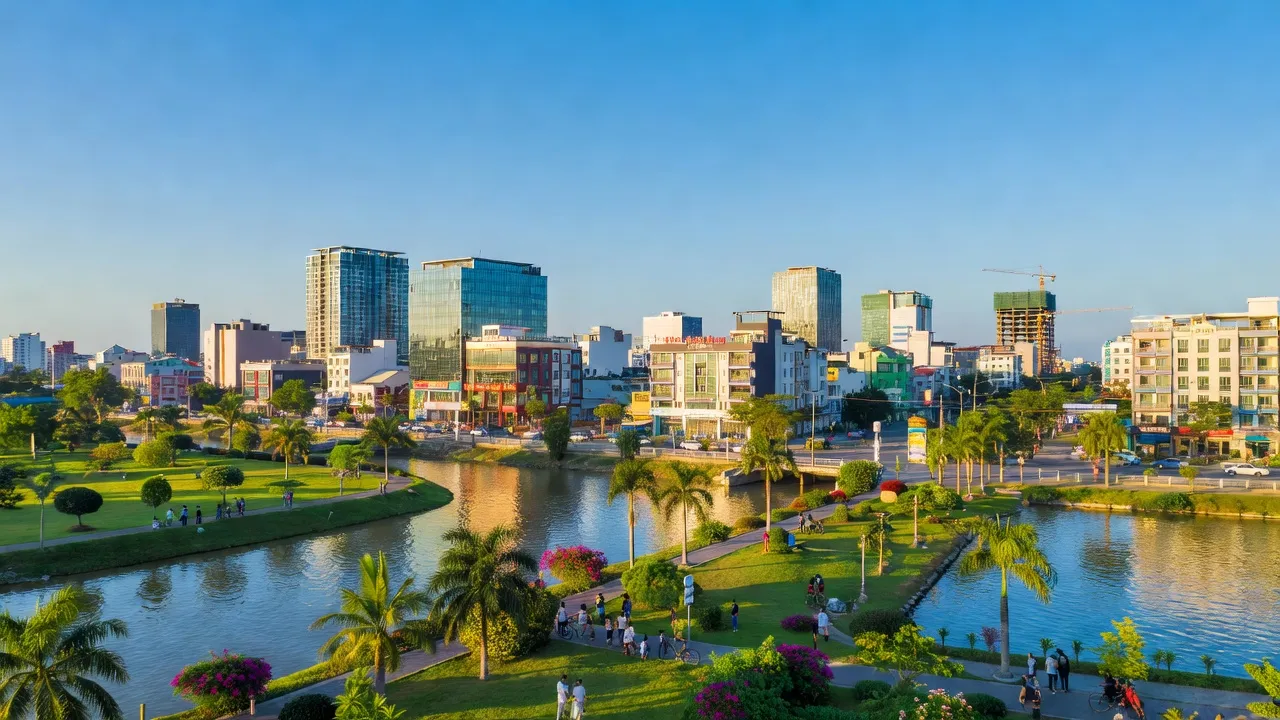 Khung cảnh Thành phố Tân An, tỉnh Long An với đô thị hiện đại và không gian xanh.