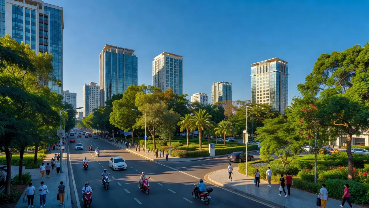 Tổng quan Thành phố Tân An, Long An với tòa nhà hiện đại, công viên xanh và bầu trời trong xanh.