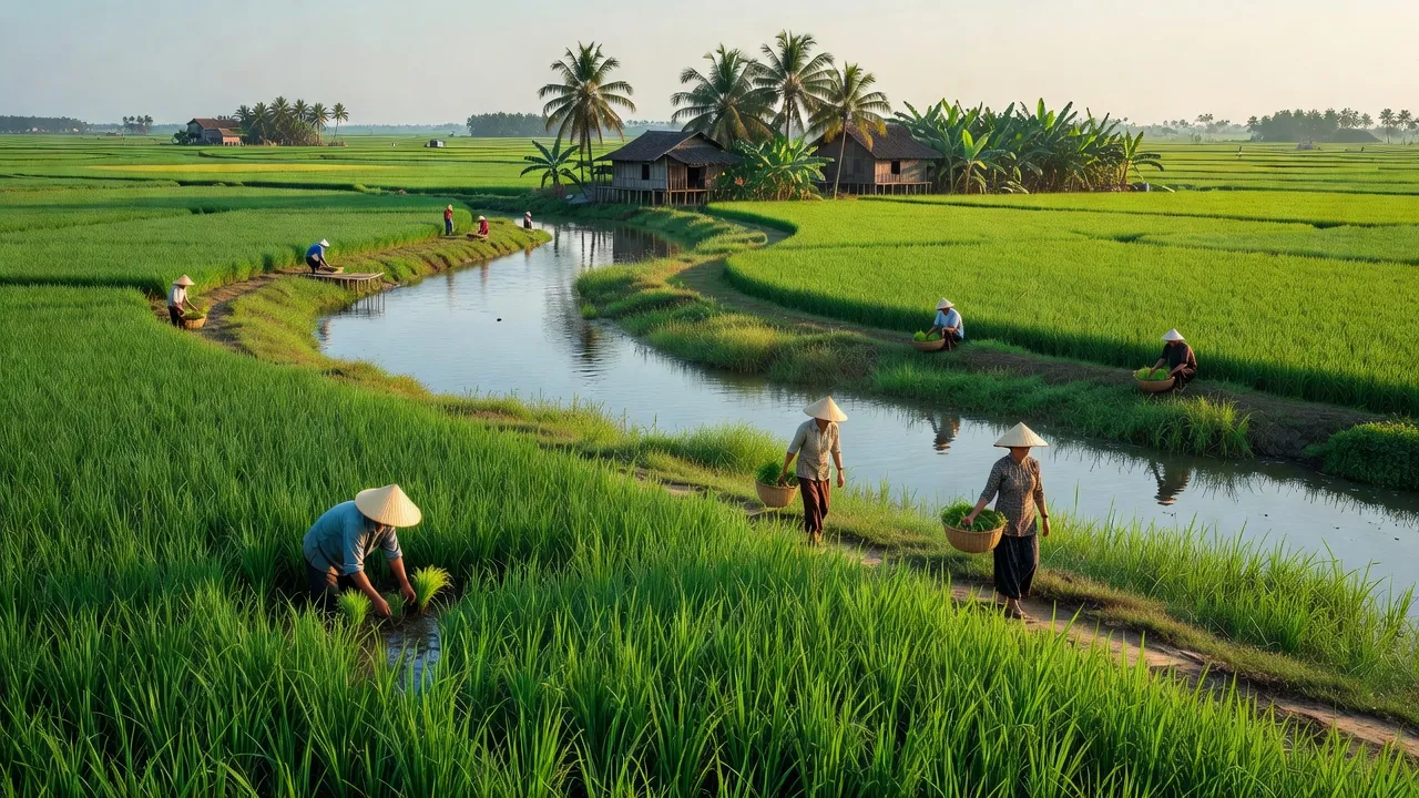 Cảnh đẹp thiên nhiên huyện Tân Hưng, Long An với cánh đồng, sông, và hoạt động nông nghiệp.