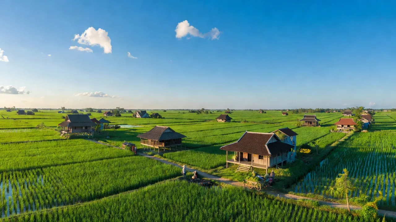 Khung cảnh huyện Tân Hưng, Long An với cánh đồng xanh và nhà truyền thống dưới bầu trời trong xanh.