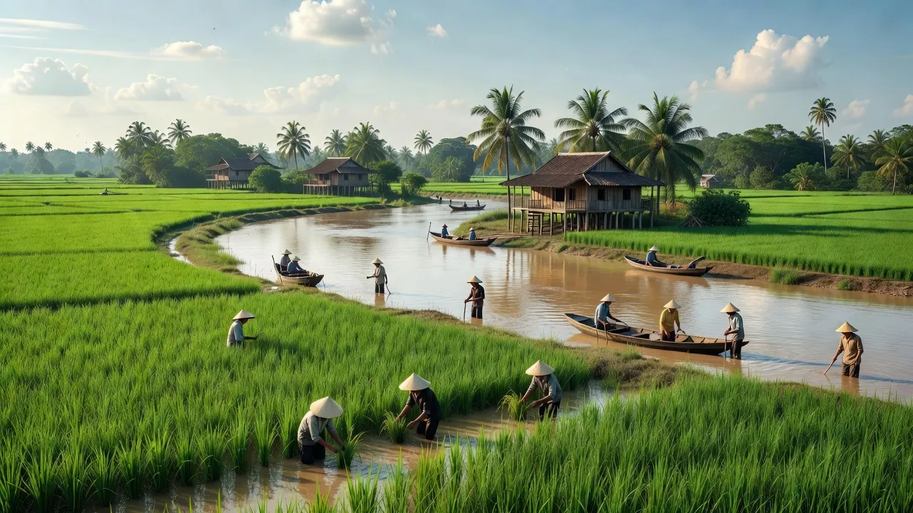Cảnh đẹp huyện Tân Thạnh, Long An với đồng xanh, ruộng lúa, và dòng sông quanh co.