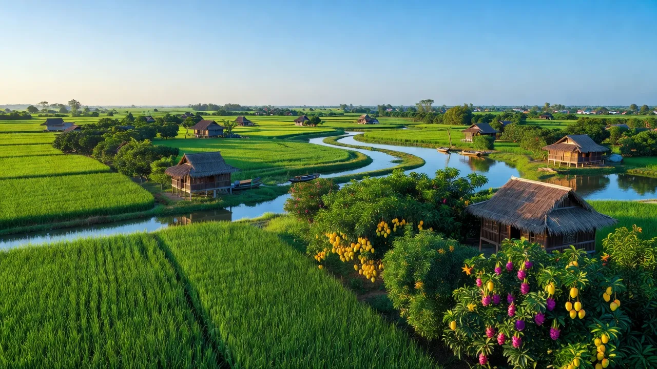 Cảnh đẹp huyện Tân Trụ, Long An với cánh đồng xanh và vườn cây ăn trái.
