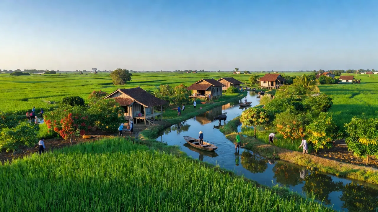 Cảnh sắc huyện Tân Trụ Long An với cánh đồng lúa, vườn cây ăn trái và sông ngòi.