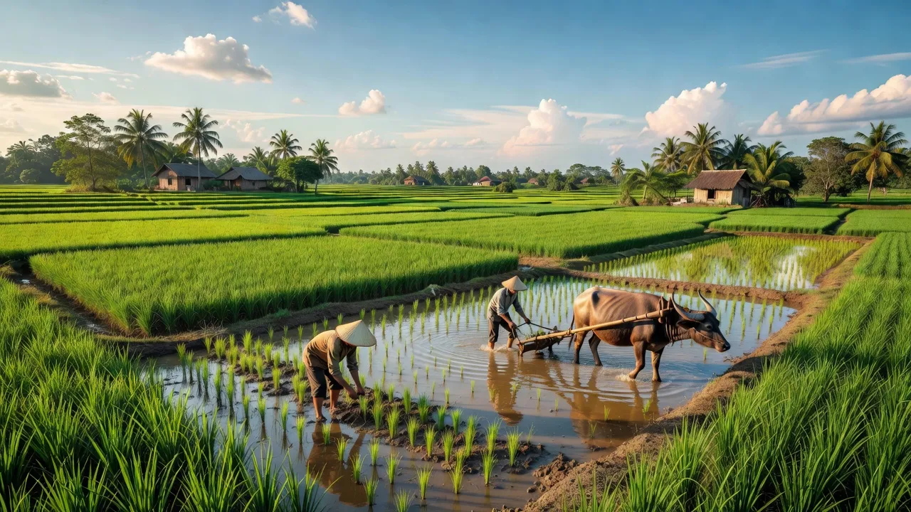 Cánh đồng xanh tươi ở huyện Thạnh Hóa, Long An, thể hiện nông nghiệp và đời sống yên bình.