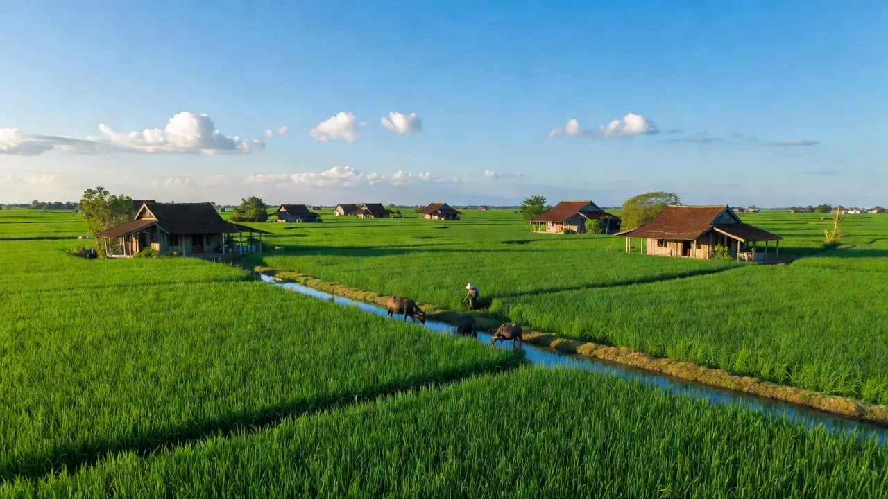 Khung cảnh huyện Thạnh Hóa, tỉnh Long An với cánh đồng xanh, nhà truyền thống, cuộc sống nông thôn yên bình.