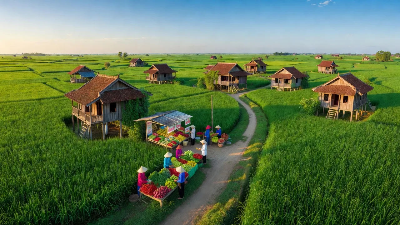 Khung cảnh huyện Thủ Thừa, Long An với cánh đồng xanh và kiến trúc truyền thống, thời tiết đẹp.