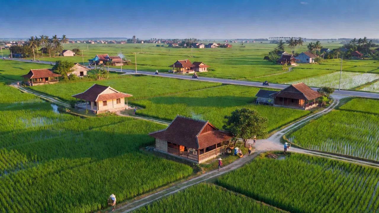 Khung cảnh Huyện Thủ Thừa, Long An với những cánh đồng xanh tươi và nhà truyền thống.