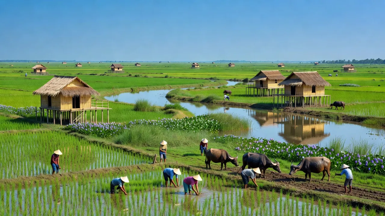 Khung cảnh huyện Vĩnh Hưng, Long An với đồng xanh và hệ sinh thái ngập nước phong phú.