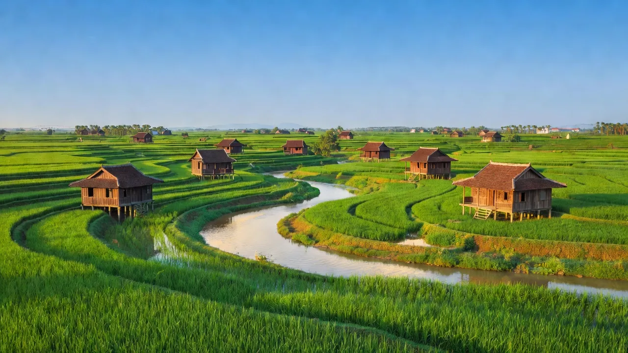 Cảnh đẹp tỉnh Long An với cánh đồng xanh, sông uốn khúc và nhà gỗ truyền thống, Việt Nam.