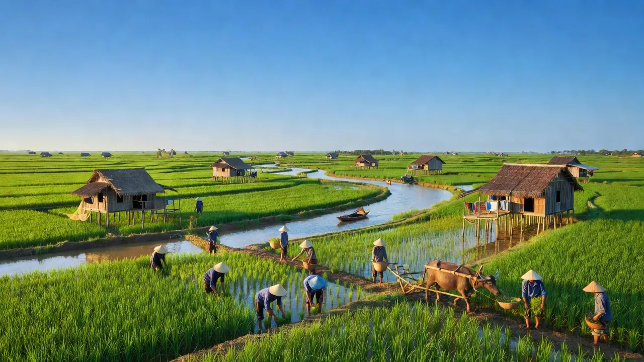 Khung cảnh tỉnh Long An với cánh đồng xanh và dòng sông uốn lượn, đặc trưng đồng bằng sông Cửu Long.