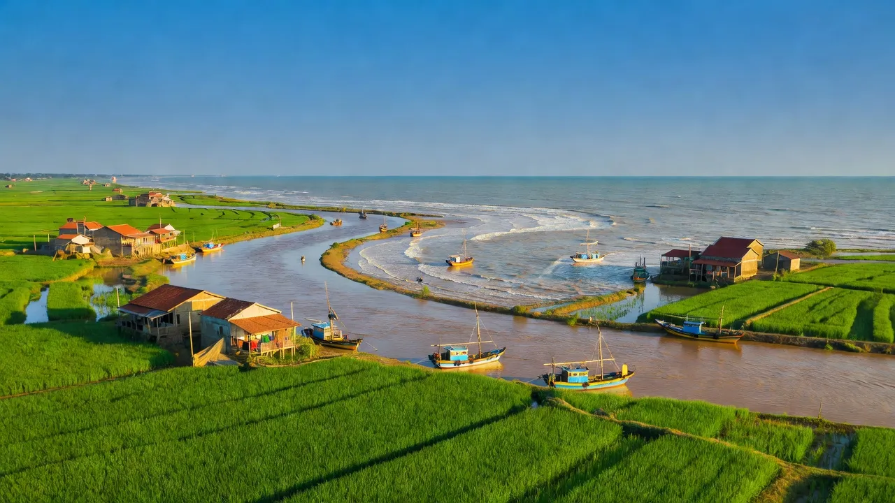 Cảnh quan ven biển huyện Giao Thủy, tỉnh Nam Định, với sông Hồng và thuyền đánh cá.