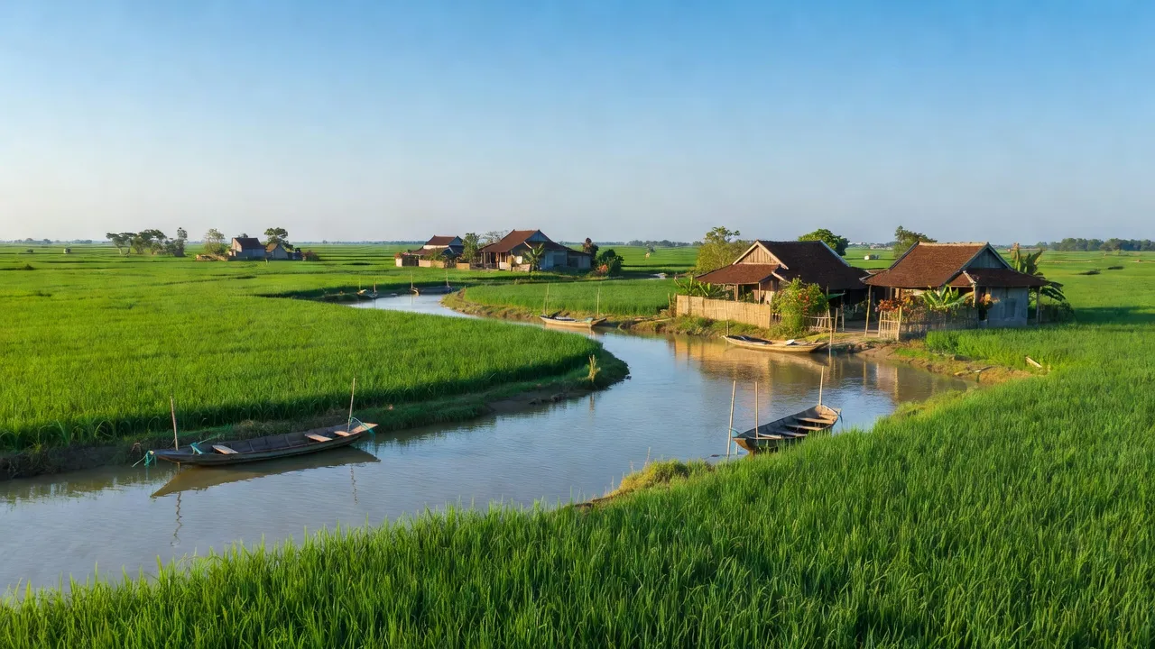 Cảnh quan huyện Nam Trực, tỉnh Nam Định với ruộng xanh và sông Hồng, thể hiện vẻ đẹp ven sông.