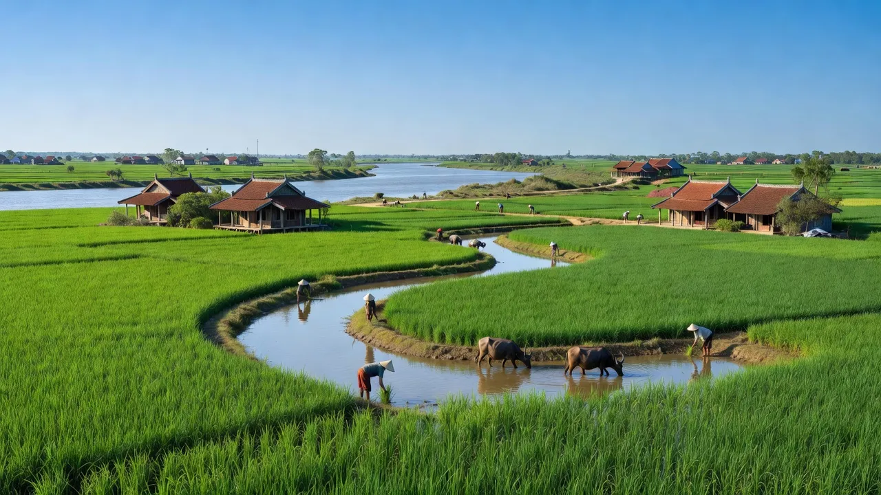 Quang cảnh huyện Nam Trực, tỉnh Nam Định với ruộng xanh, sông Hồng và nhà truyền thống Việt.