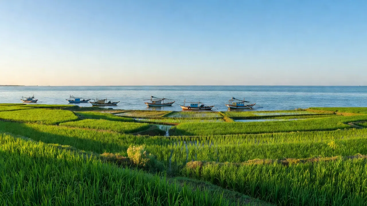 Cảnh biển yên bình tại Nghĩa Hưng, Nam Định với ruộng xanh và thuyền đánh cá.