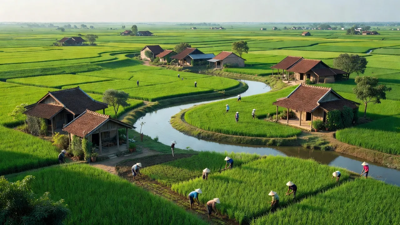 Cảnh đẹp huyện Trực Ninh, tỉnh Nam Định với cánh đồng xanh, sông ngòi và kiến trúc nông thôn.