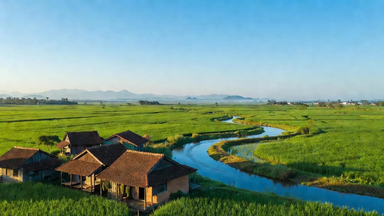 Khung cảnh huyện Trực Ninh, tỉnh Nam Định với cánh đồng xanh và nhà truyền thống.