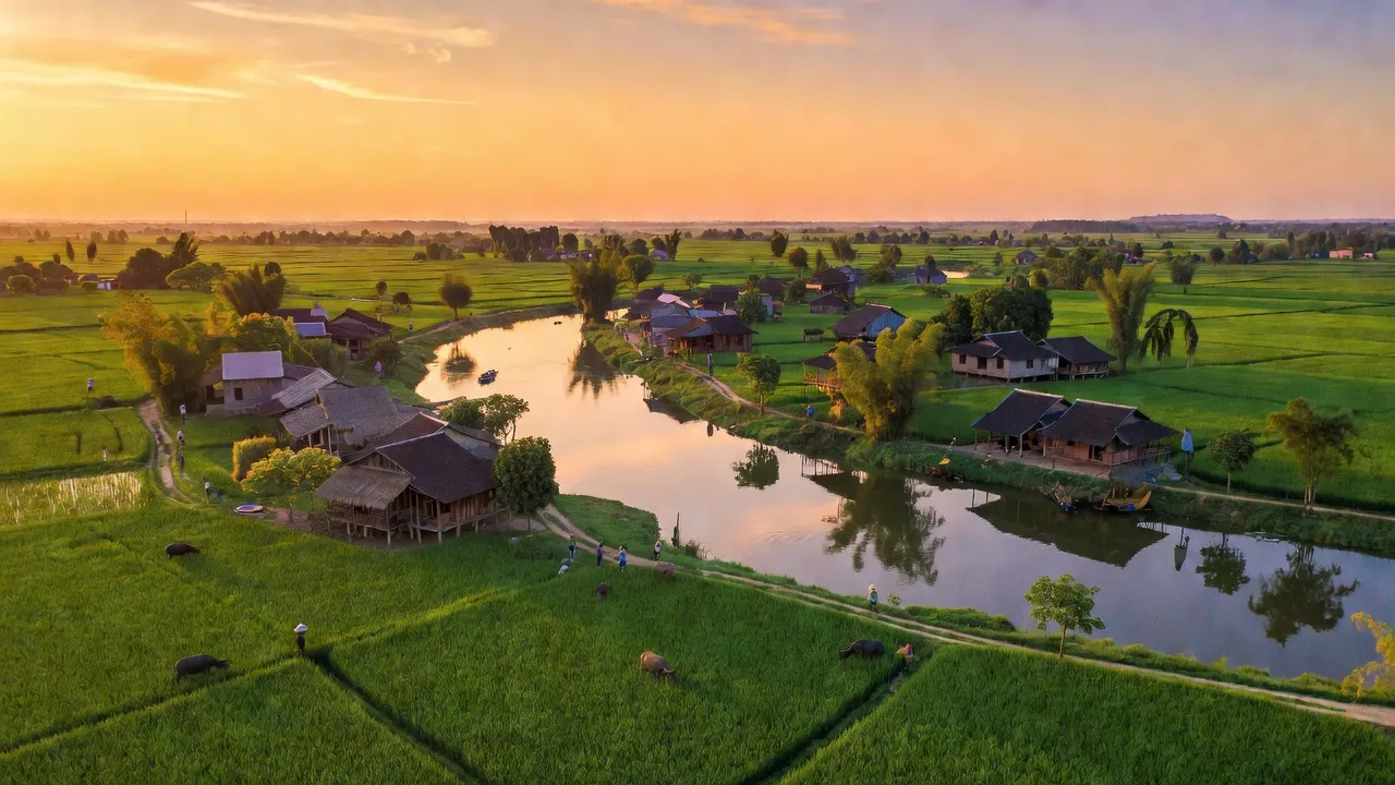 Cảnh đẹp huyện Vụ Bản, tỉnh Nam Định với ruộng xanh, làng quê truyền thống và sông Ba Kê.