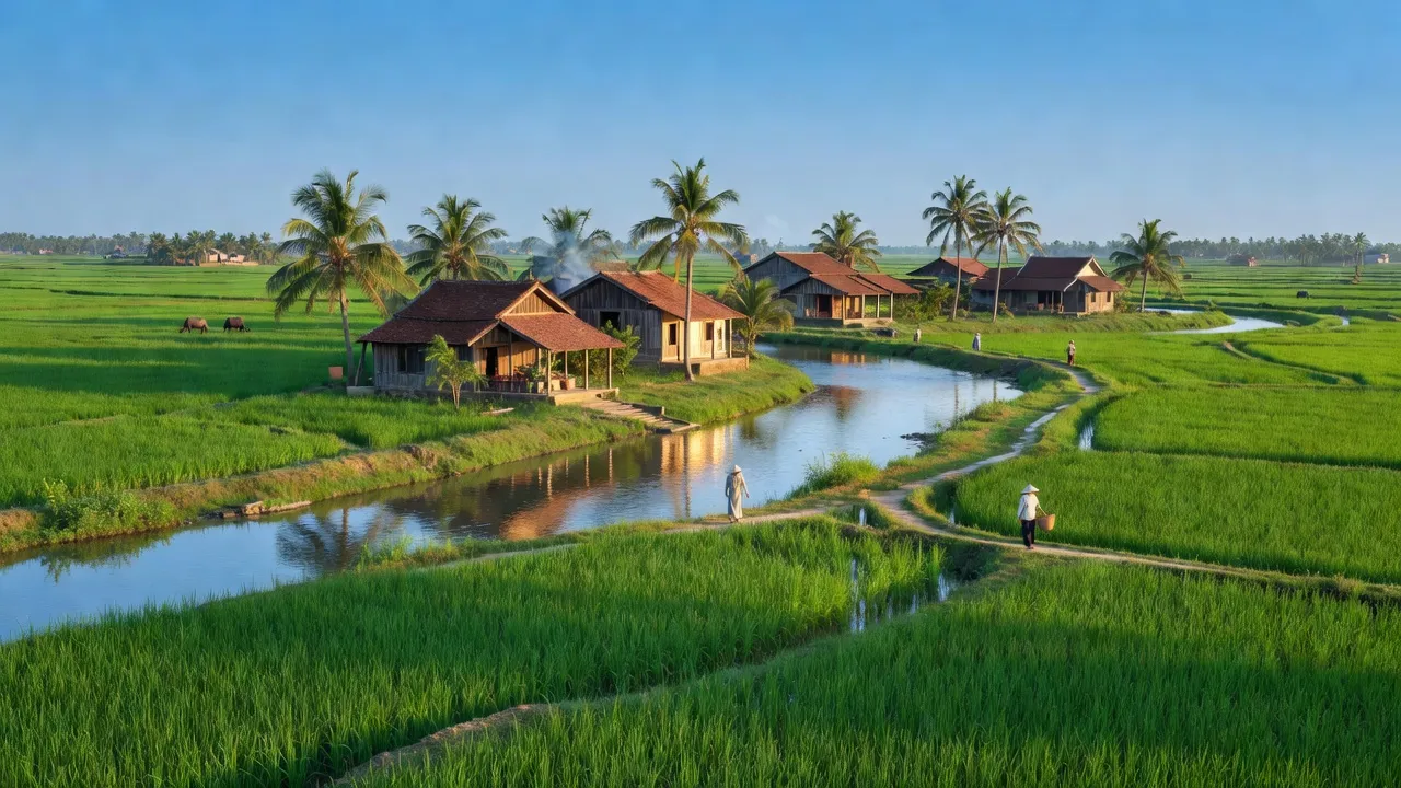 Cảnh quan huyện Xuân Trường, tỉnh Nam Định với đồng xanh và dòng sông yên bình.