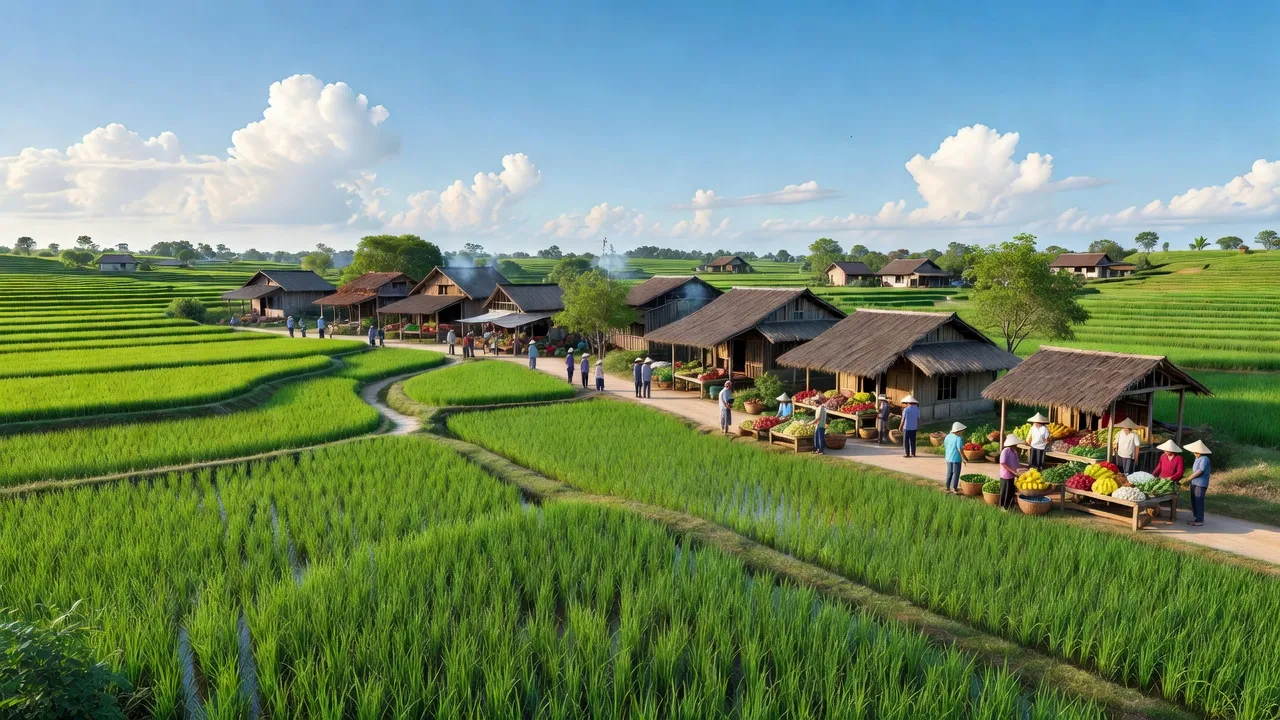 Khung cảnh huyện Ý Yên, Nam Định với đồng lúa xanh, nhà truyền thống, và hoạt động chợ địa phương.