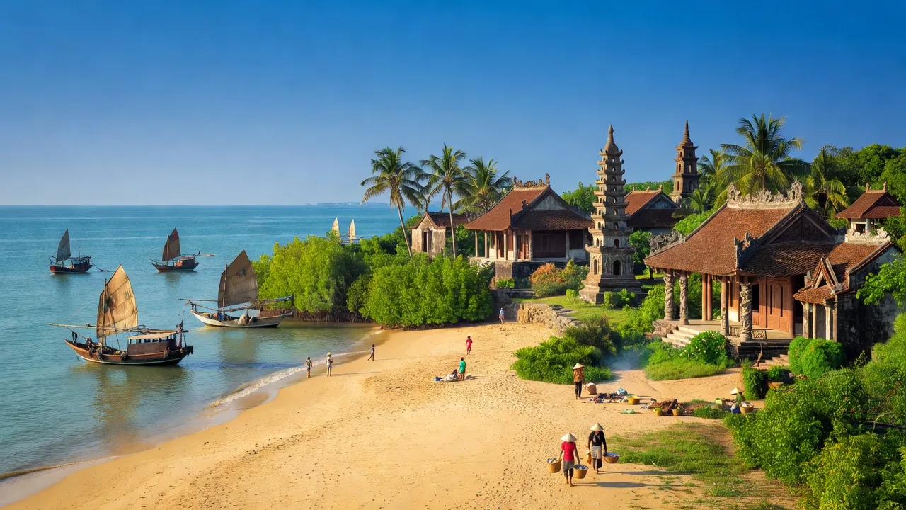 Khung cảnh tỉnh Nam Định với bờ biển cát trắng, cây xanh và kiến trúc văn hóa truyền thống.