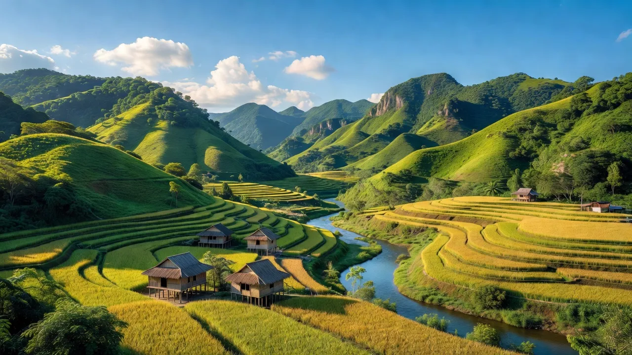 Huyện Con Cuông, Nghệ An, với đồi núi xanh, sông suối và nhà sàn truyền thống.