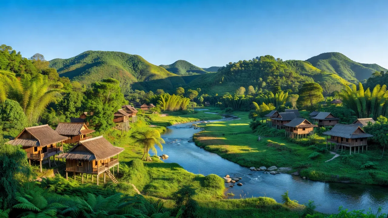 Khung cảnh huyện Con Cuông, Nghệ An với núi rừng xanh tươi, sông suối trong lành và nhà truyền thống