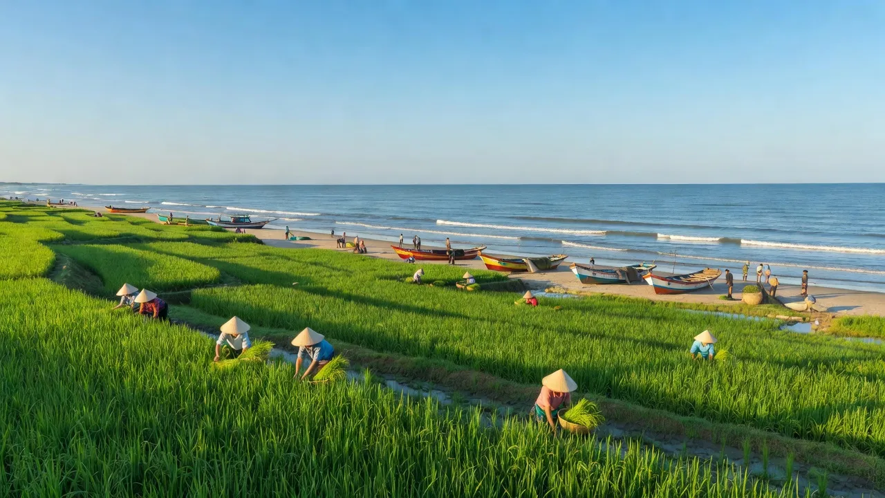 Cảnh quan huyện Diễn Châu, Nghệ An với cánh đồng xanh và thuyền đánh cá, thời tiết đẹp.