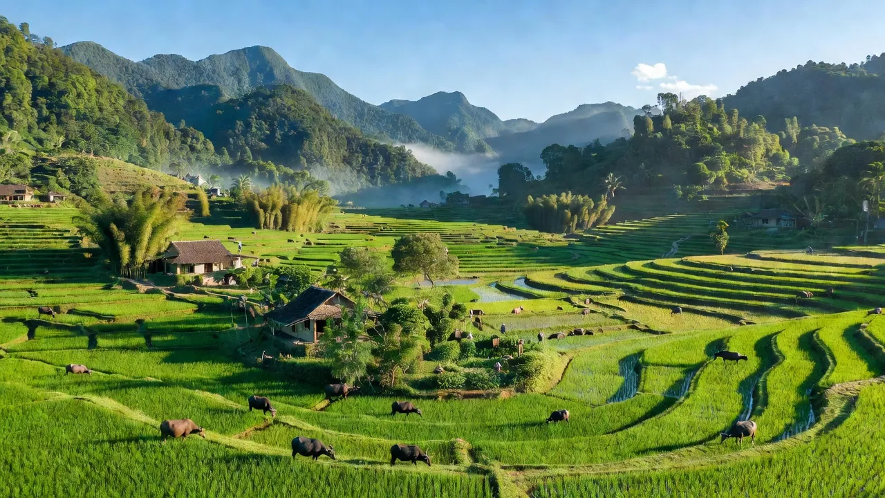 Khung cảnh hữu tình huyện Đô Lương, tỉnh Nghệ An với ruộng bậc thang và đồi núi xanh.