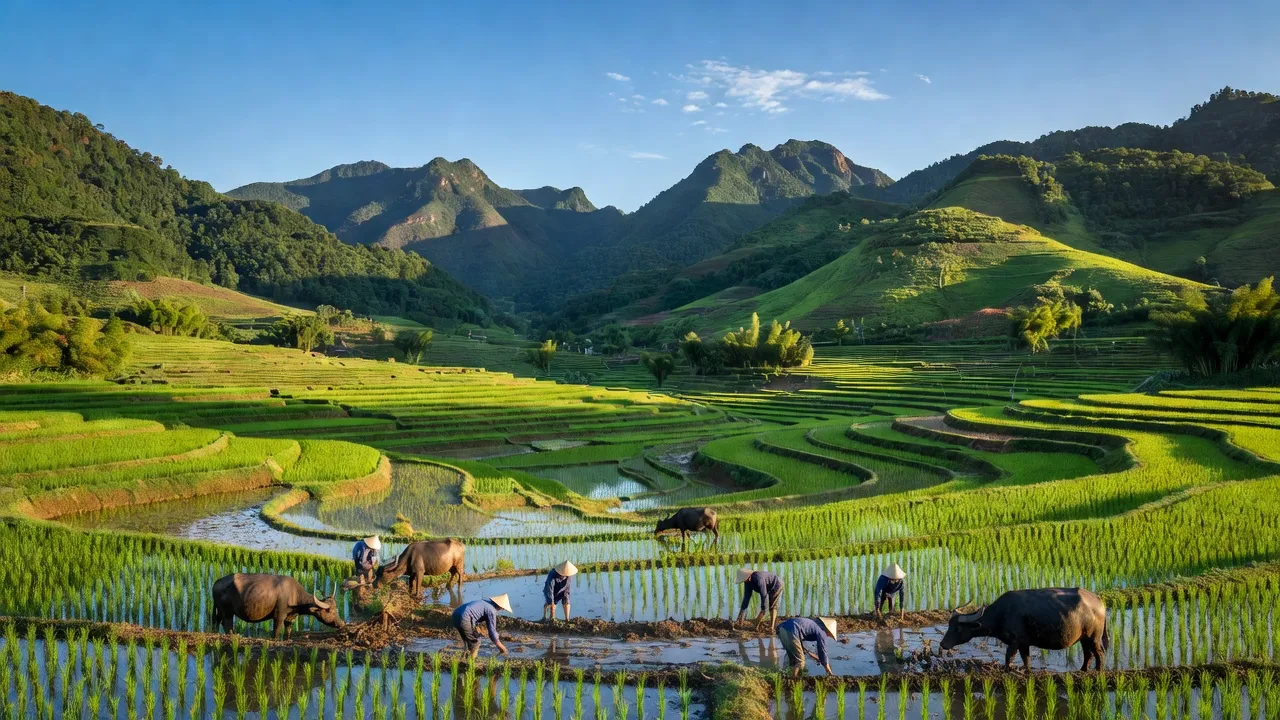 Khung cảnh huyện Đô Lương, tỉnh Nghệ An với cảnh quan đồi núi và thung lũng xanh tươi.
