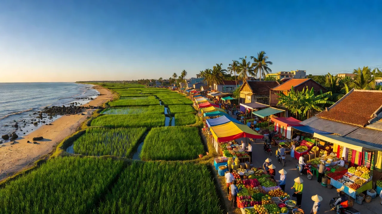 Khung cảnh Thị xã Hoàng Mai, Nghệ An với bờ biển, đồng xanh và các chợ địa phương nhộn nhịp.