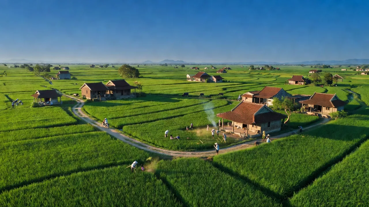 Cánh đồng xanh tươi ở Huyện Hưng Nguyên, Nghệ An với nhà truyền thống và bầu trời xanh.