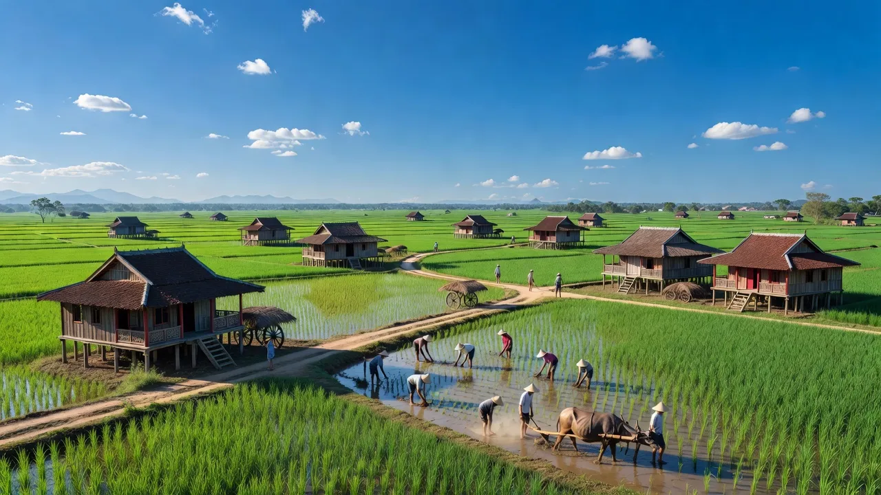 Cảnh quan Huyện Hưng Nguyên, Nghệ An với cánh đồng xanh và kiến trúc nông thôn truyền thống.