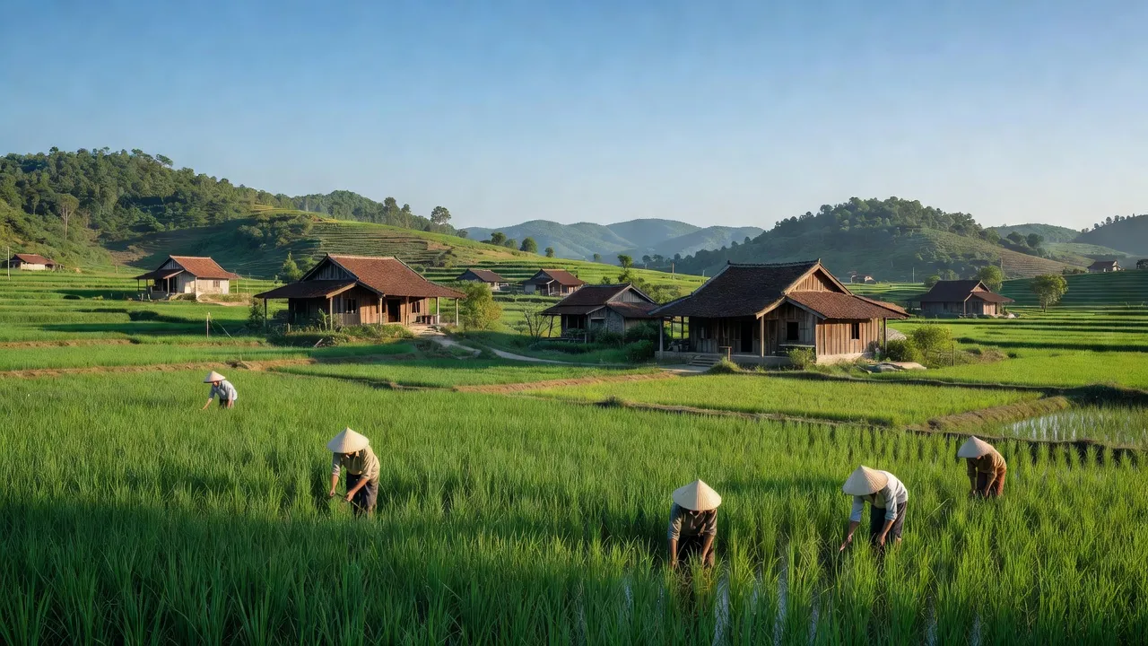 Cảnh đồng xanh huyện Nam Đàn, Nghệ An với kiến trúc truyền thống và người nông dân lao động.