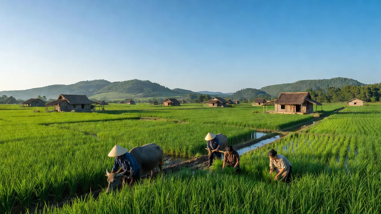 Cảnh quan huyện Nam Đàn, tỉnh Nghệ An với cánh đồng xanh và nhà dân truyền thống.