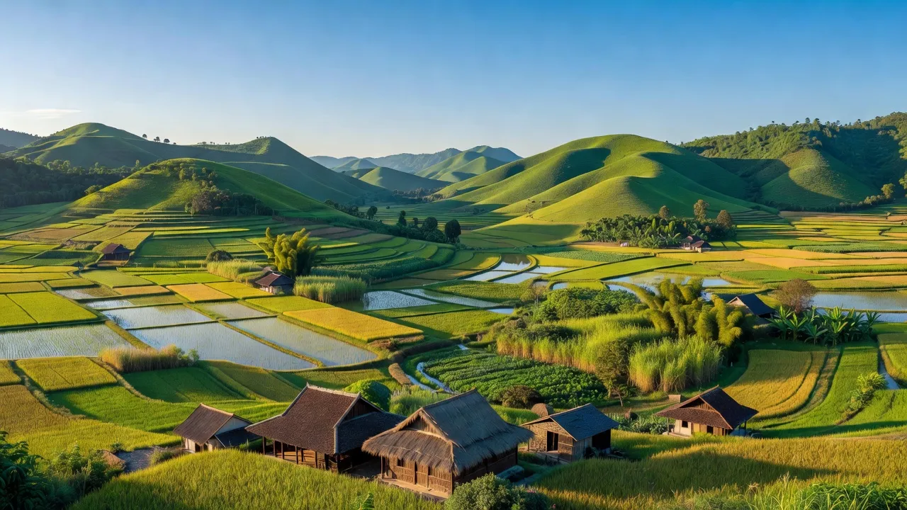 Cảnh quan huyện Nghĩa Đàn, Nghệ An với đồi núi, đồng ruộng xanh và nhà dân cổ truyền.
