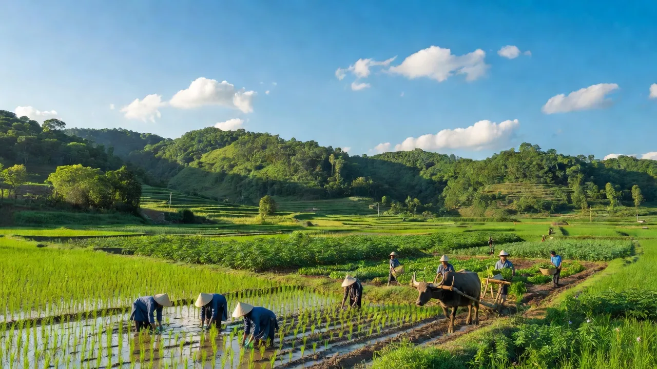 Khung cảnh Huyện Nghĩa Đàn, Nghệ An với đồi núi xanh và đồng ruộng màu mỡ.