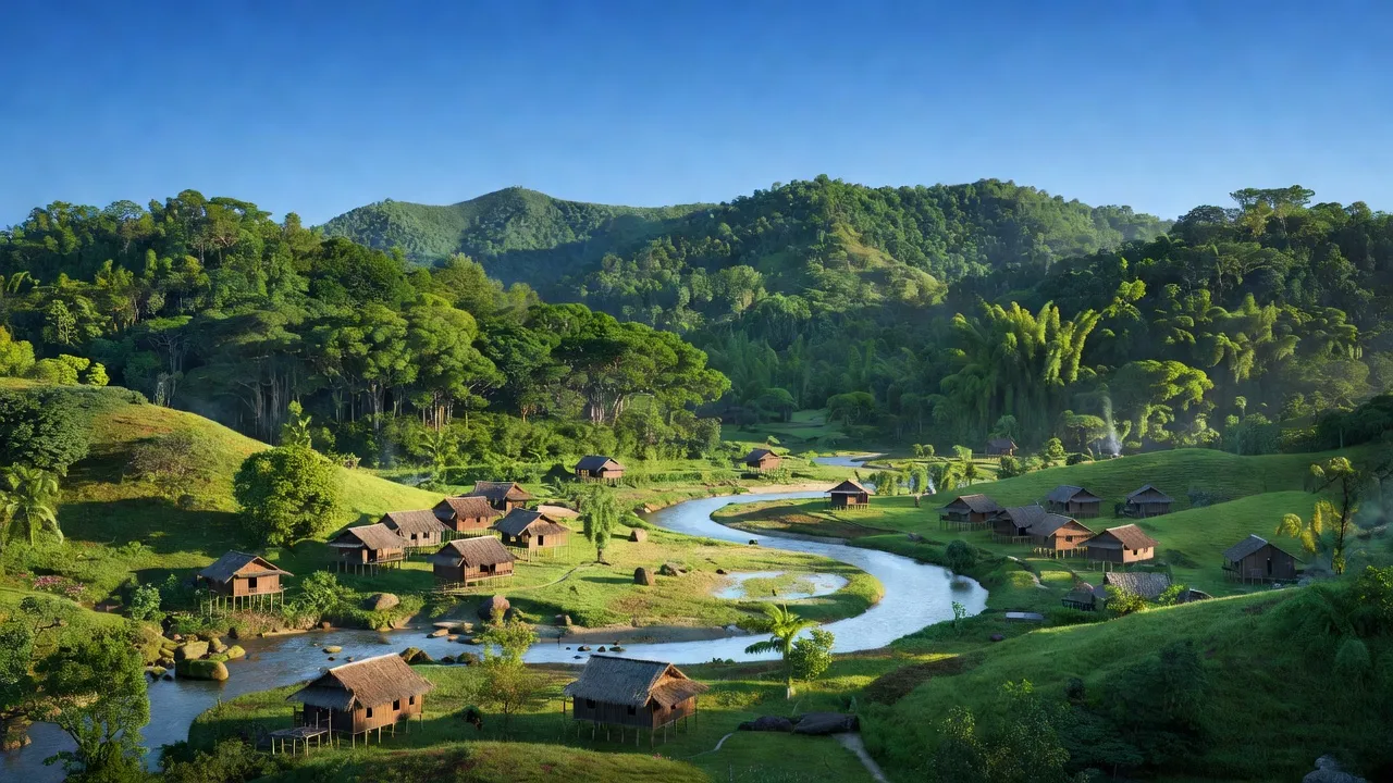 Quang cảnh huyện Quế Phong, tỉnh Nghệ An với núi non xanh tươi và dòng sông quanh co.