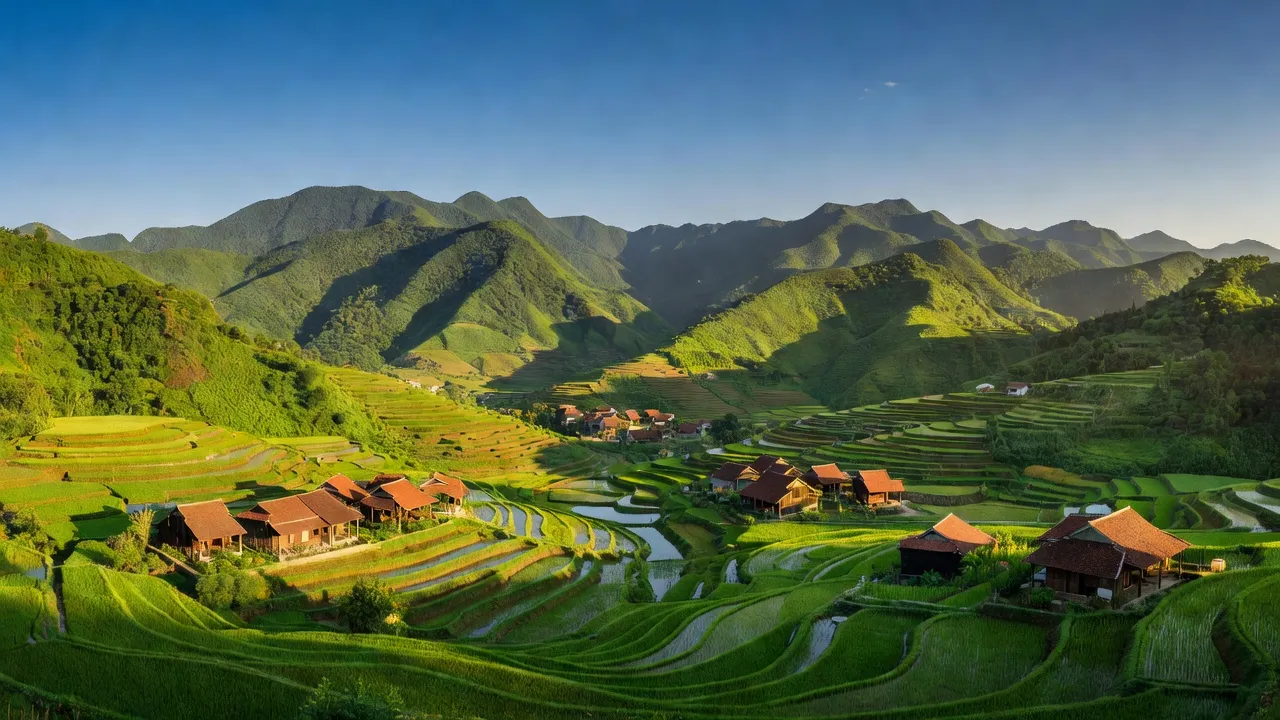 Toàn cảnh huyện Quỳ Châu, Nghệ An với núi non xanh, cánh đồng bậc thang và nhà truyền thống.