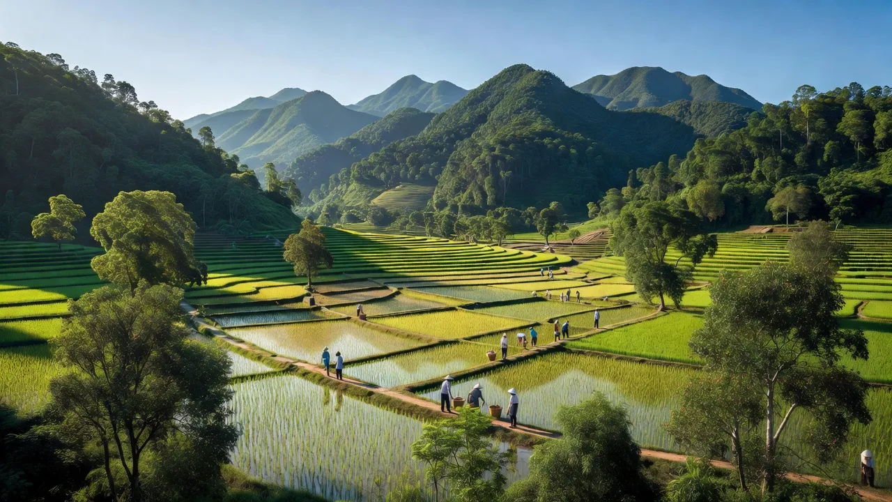 Toàn cảnh Huyện Quỳ Châu, Nghệ An với núi xanh, rừng và cánh đồng lúa tươi tốt.
