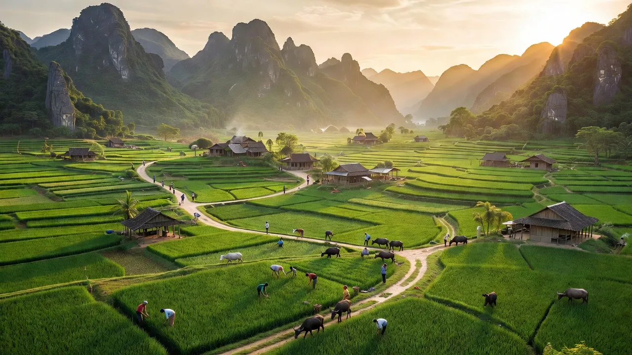 Khung cảnh huyện Quỳ Hợp, Nghệ An với núi non, đồng quê và hoạt động nông nghiệp địa phương.
