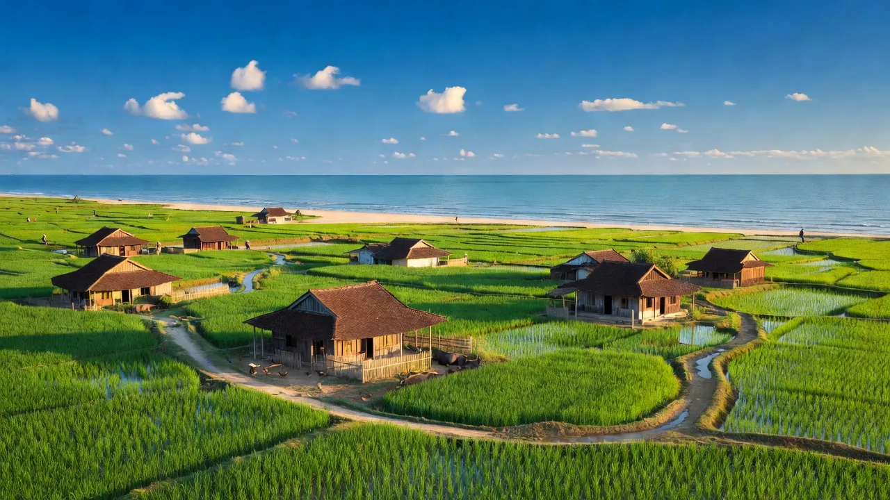Cảnh sắc huyện Quỳnh Lưu, Nghệ An với cánh đồng xanh và vùng ven biển yên bình.