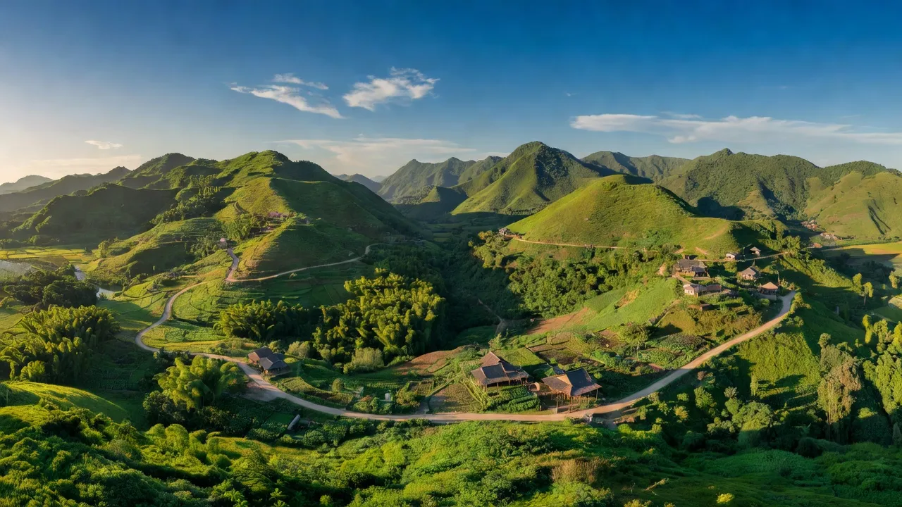Cảnh quan huyện Tân Kỳ, Nghệ An với đồi núi xanh tươi và đường nông thôn, thể hiện vẻ đẹp thiên nhiên.