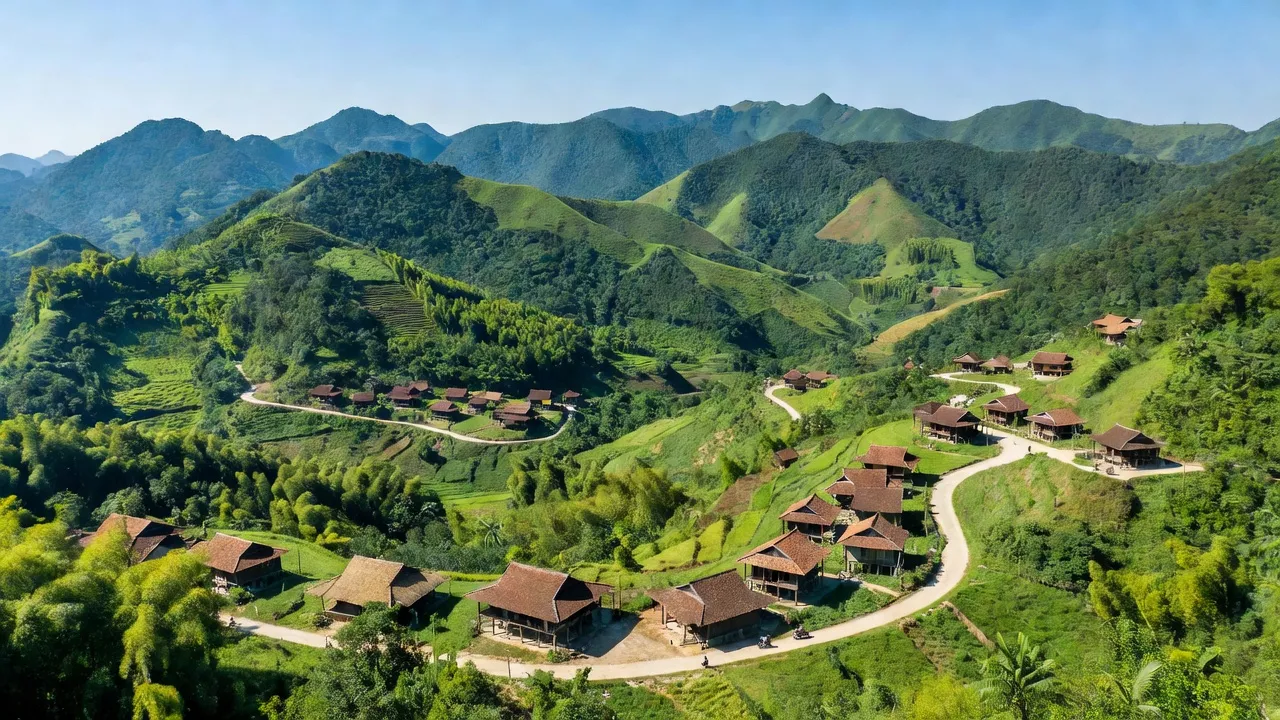 Huyện Tân Kỳ tỉnh Nghệ An với núi non xanh tươi và làng quê, trời nắng đẹp.