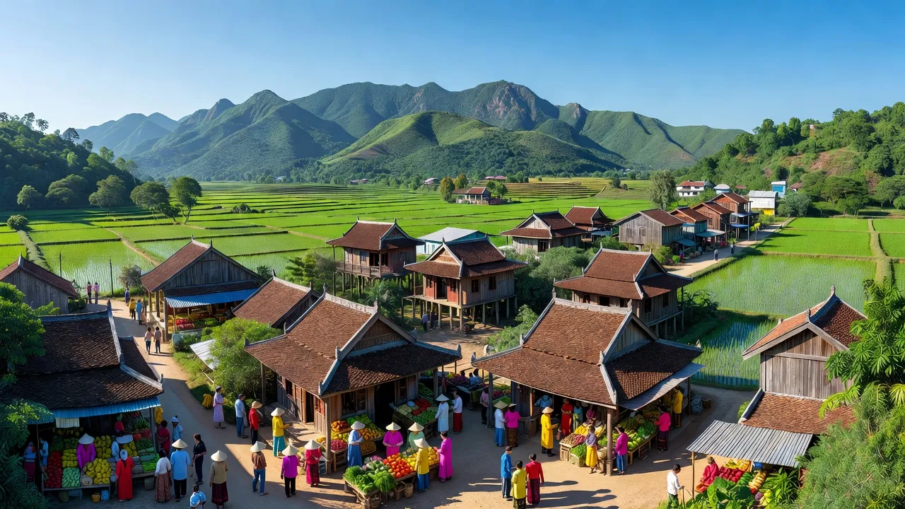 Khung cảnh thị xã Thái Hoà, Nghệ An với kiến trúc địa phương và cảnh sắc thiên nhiên tươi đẹp.