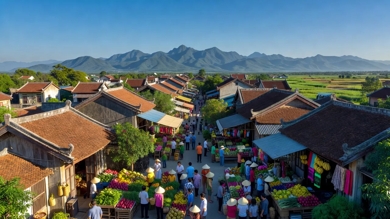 Thị xã Thái Hoà, Nghệ An với cảnh đẹp, kiến trúc truyền thống và chợ địa phương.