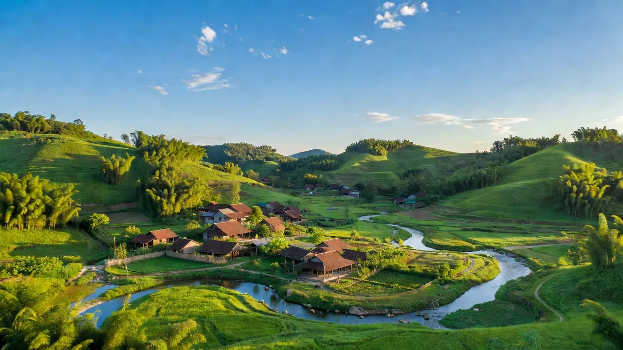 Phong cảnh huyện Thanh Chương, Nghệ An với đồi núi, sông suối và làng quê đẹp.