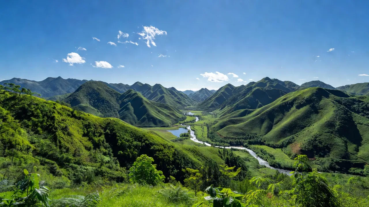 Cảnh quan huyện Tương Dương, Nghệ An với đồi núi, thung lũng và bầu trời trong xanh.