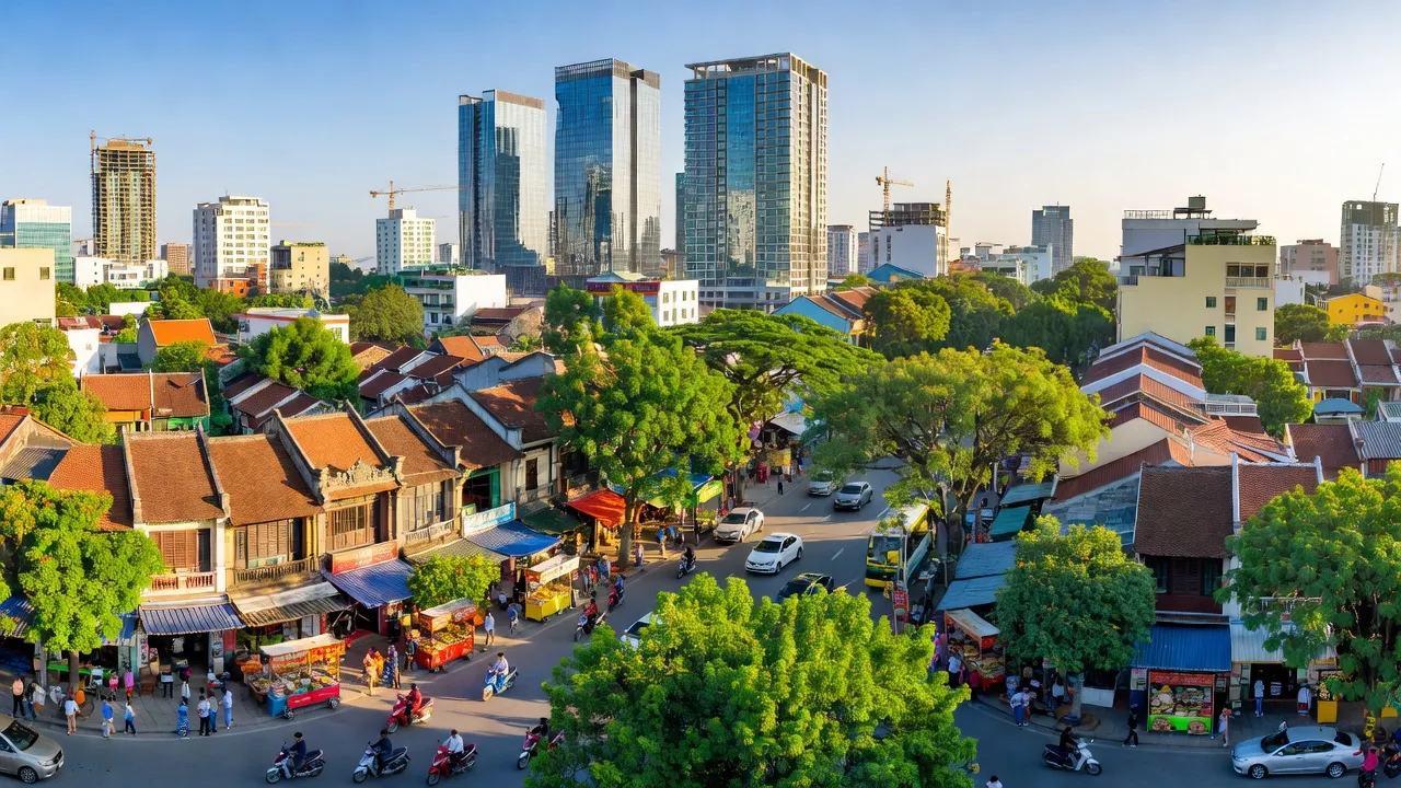 Khung cảnh Thành phố Vinh, Nghệ An với kiến trúc hiện đại và không gian xanh.